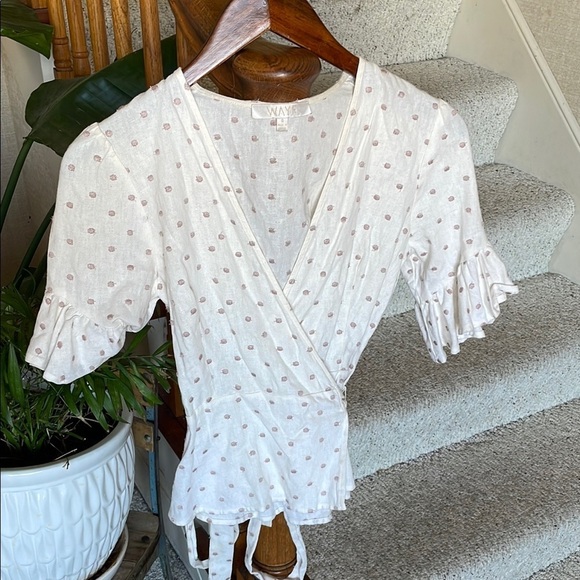 WAYF Ivory Linen Polka Dot Wrap Top - Picture 1 of 8